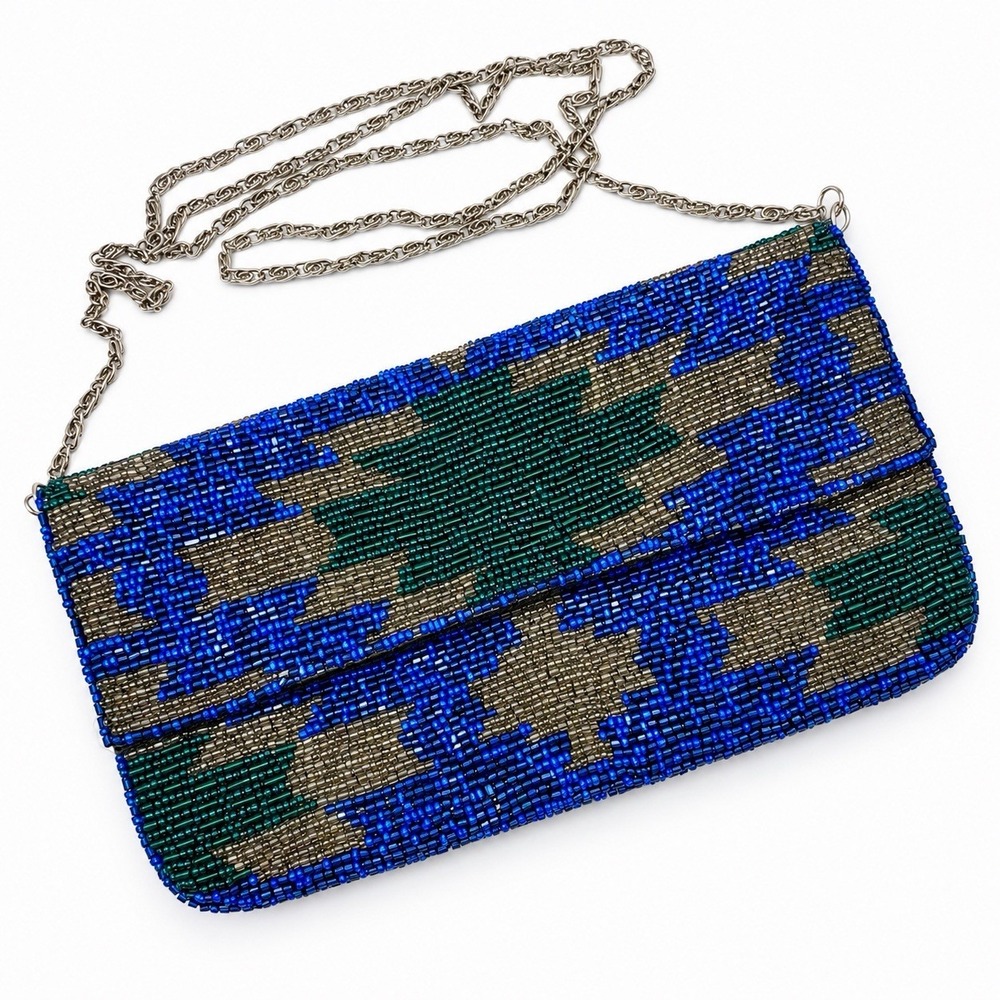 Berry Beaded Evening Clutch Purse Blue Green Metallic Chain Shoulder Bag Y2K